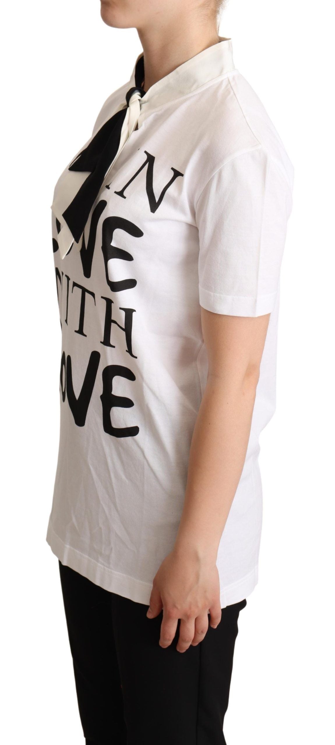 White short sleeve shirt with black lettering