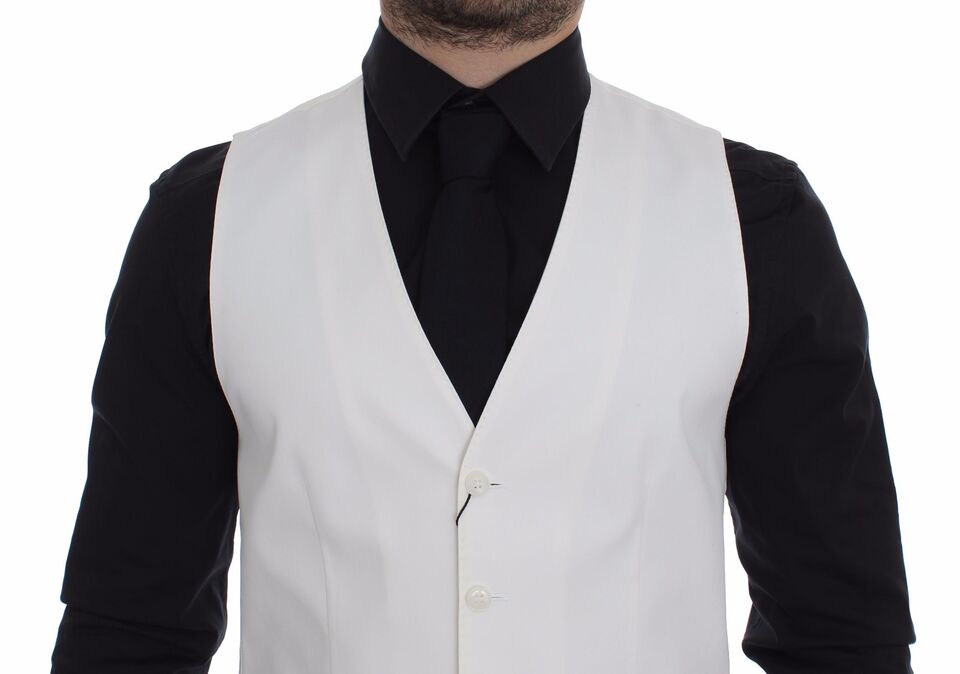 A white vest with black lapels and buttons, part of a cotton silk blend dress blazer