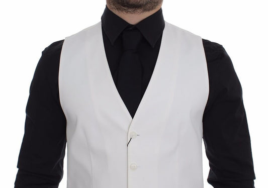 A white vest with black lapels and buttons, part of a cotton silk blend dress blazer