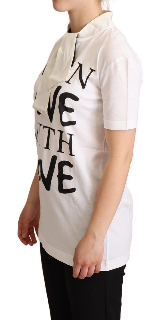 White short sleeve shirt with black lettering