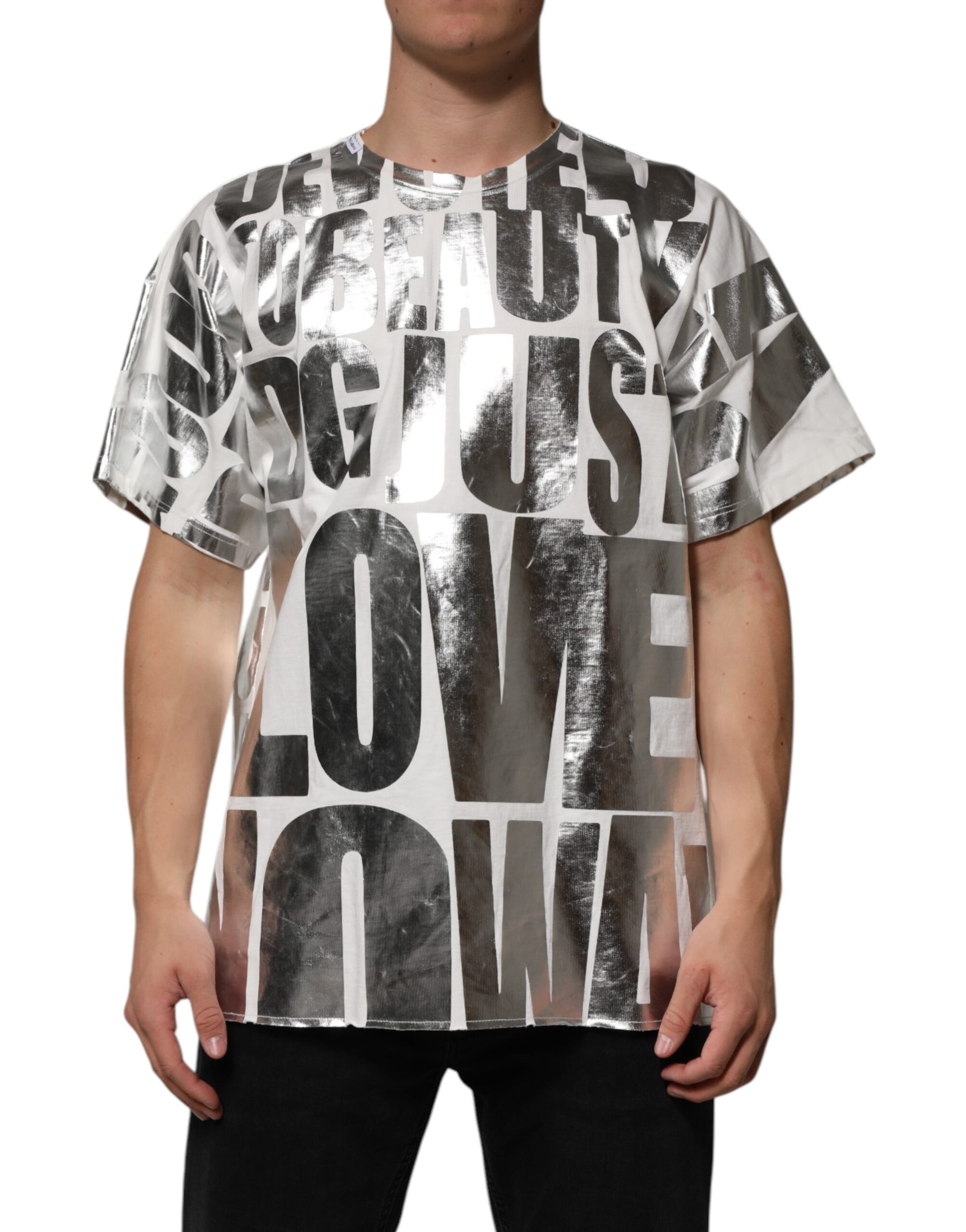 Mannequin wearing graphic t-shirt with words "love" repeated in different fonts and colors