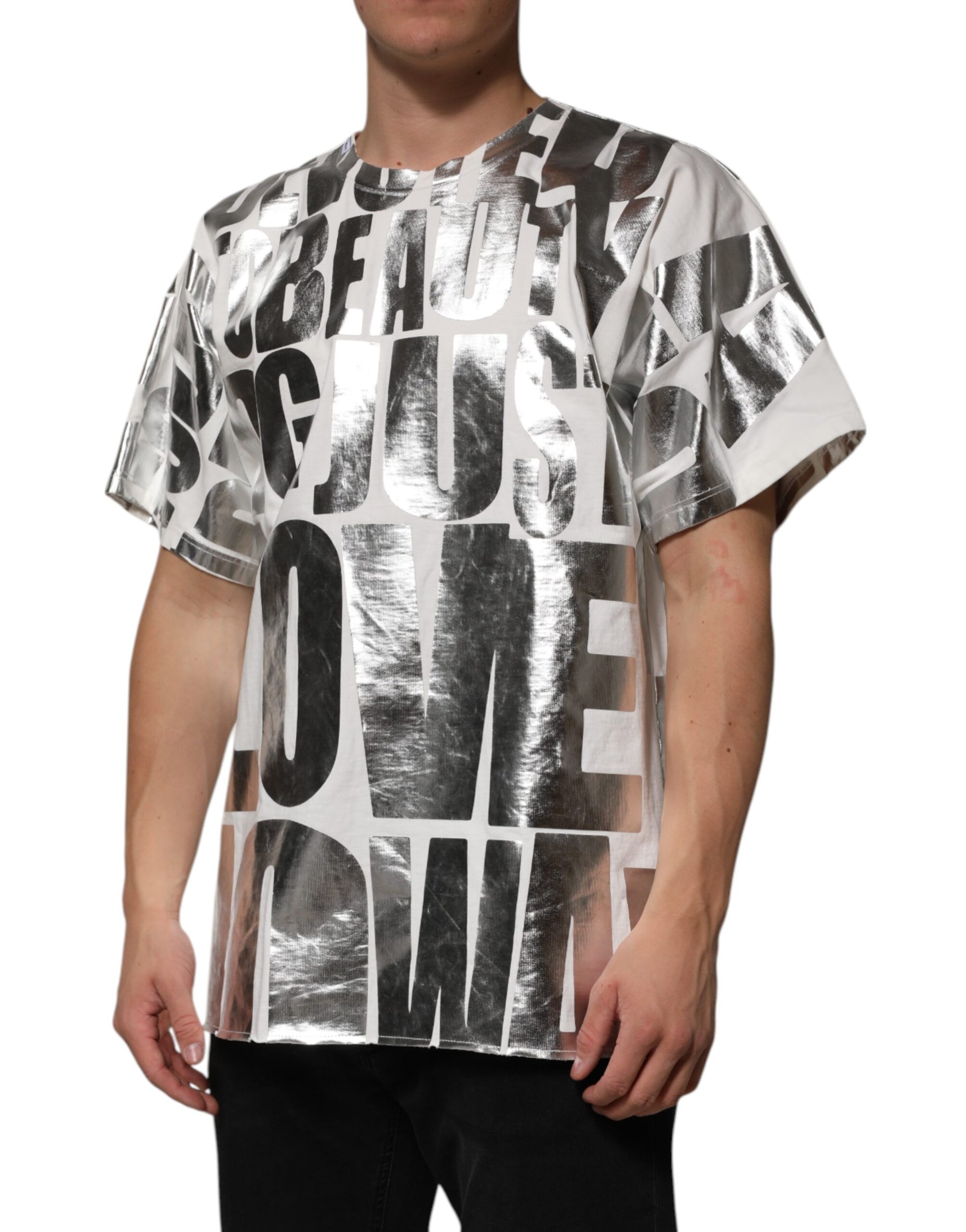 Man wearing graphic t-shirt with words