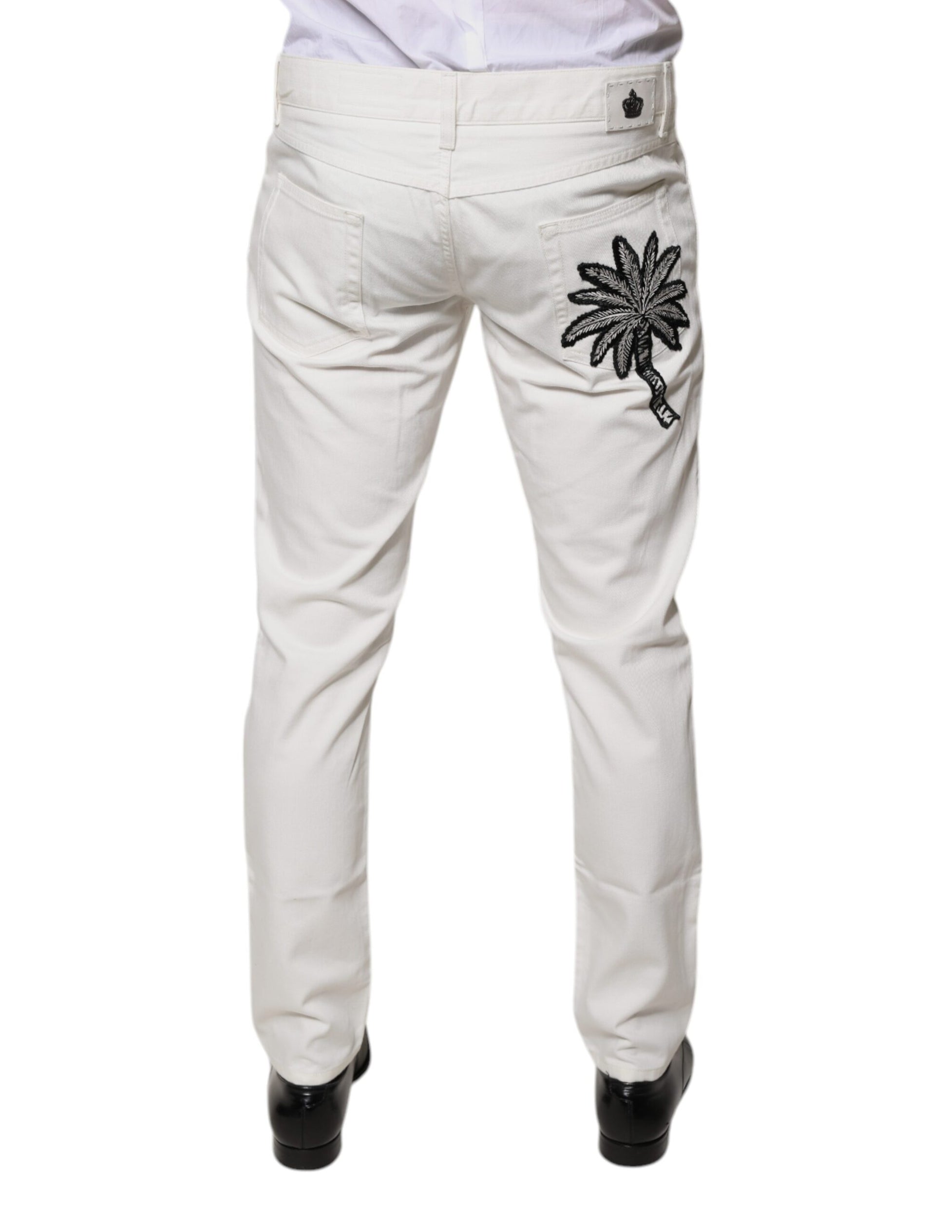White denim jeans with floral embroidery on back pocket