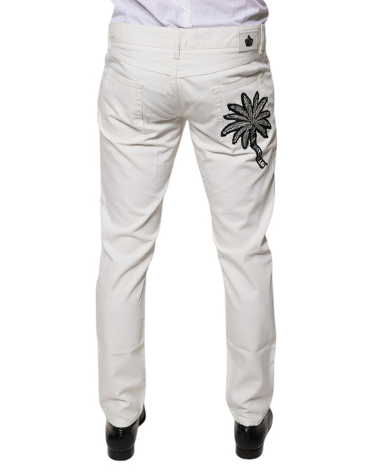 White denim jeans with floral embroidery on back pocket