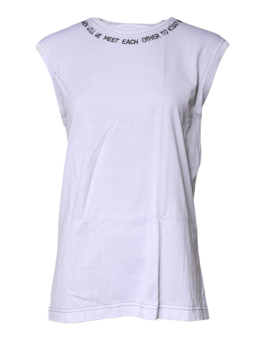 White sleeveless shirt with text on front