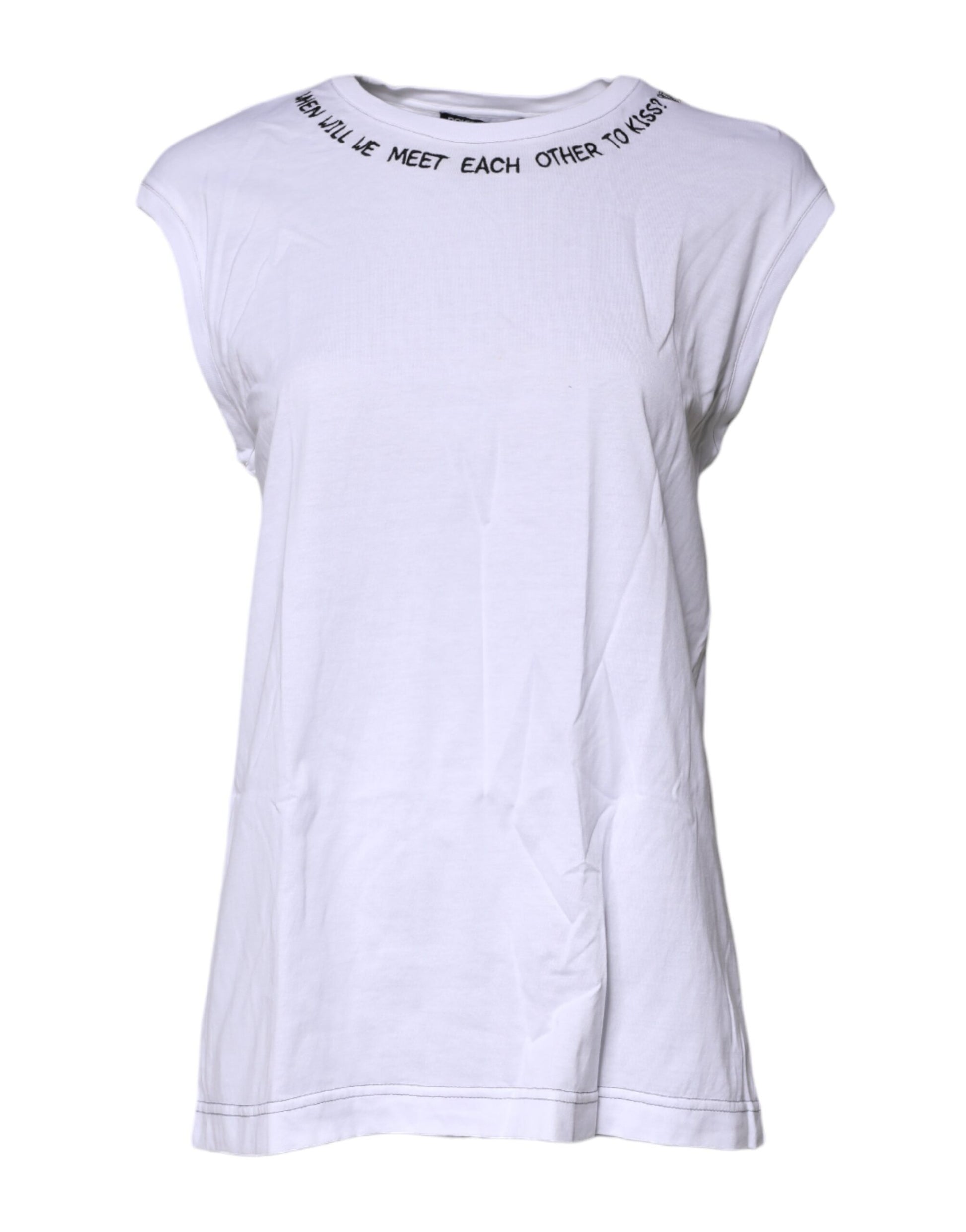 White short sleeved t-shirt with text on front