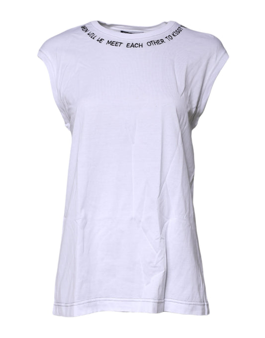 White short sleeved t-shirt with text on front