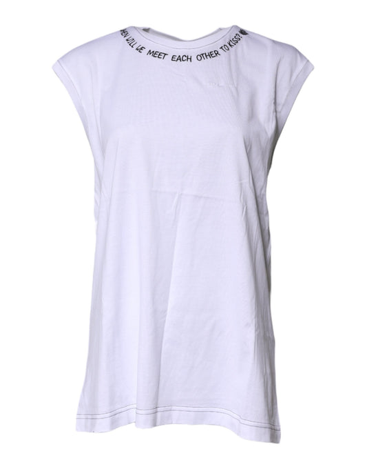 White short sleeve t-shirt with text on front