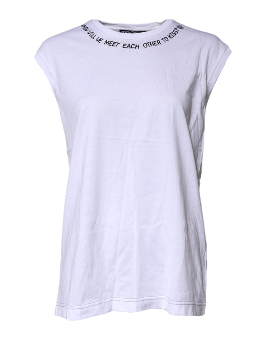Short sleeve white t-shirt with black text on neckline