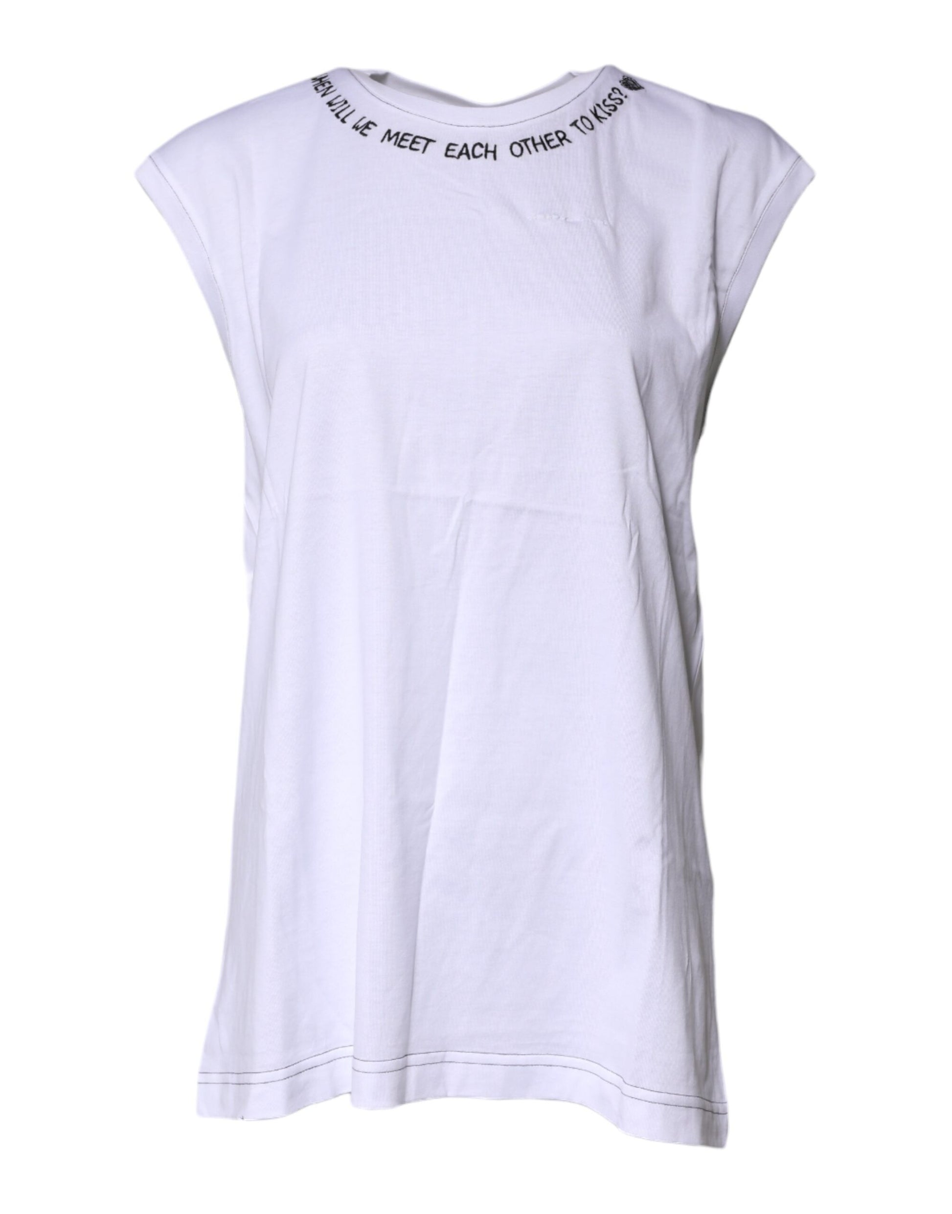 White short sleeve t-shirt with text on front