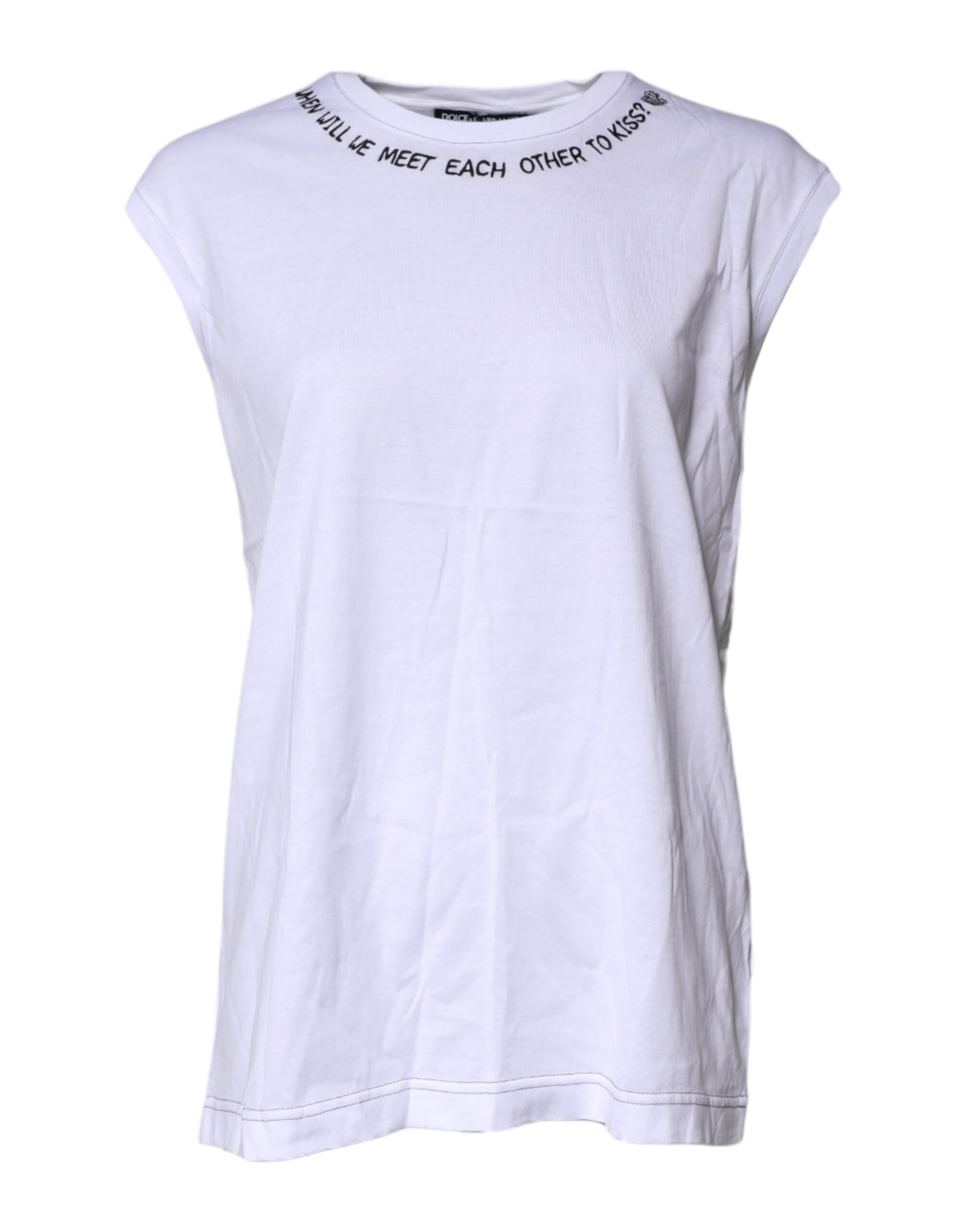 Short sleeve white t-shirt with black text on neckline