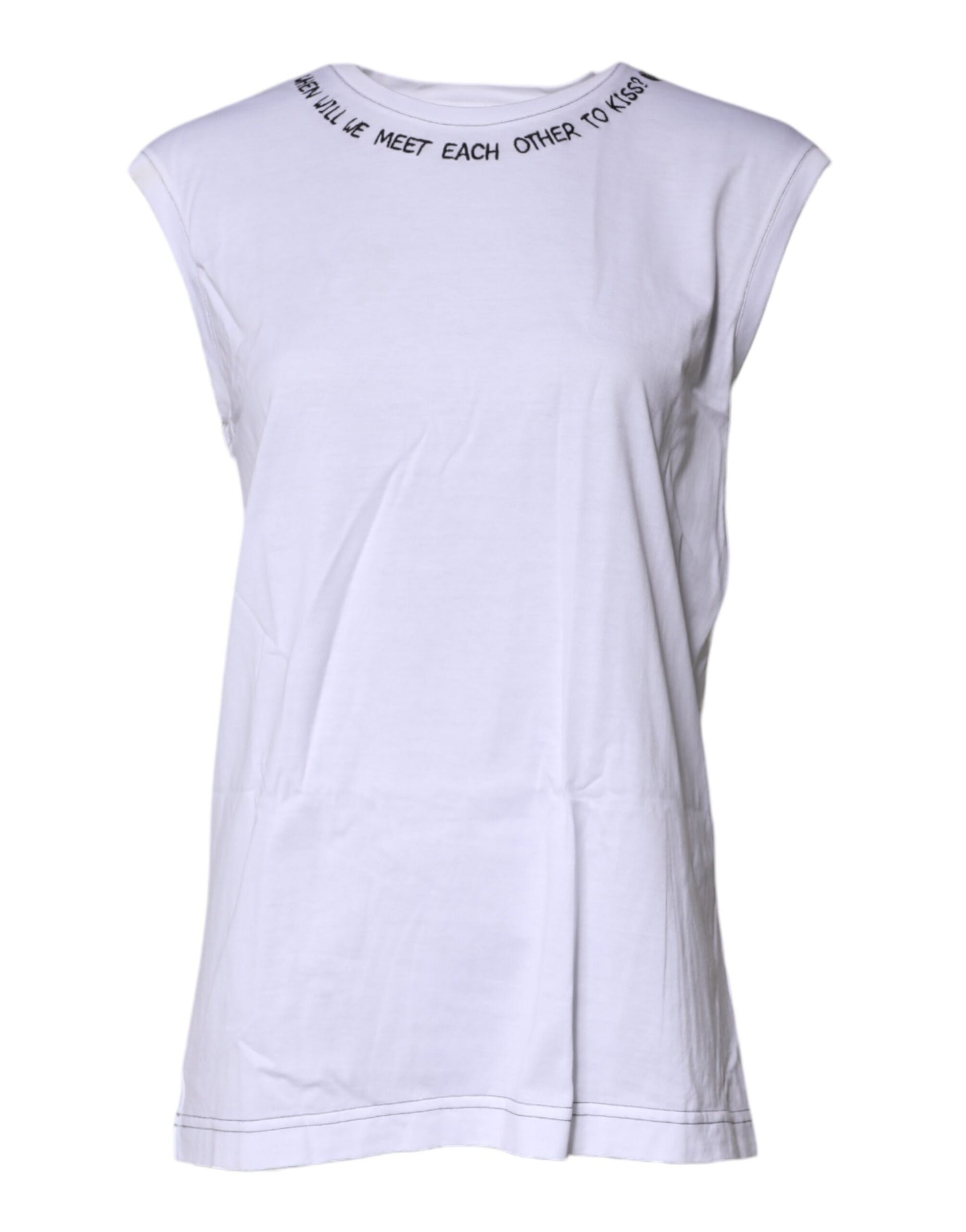 White sleeveless shirt with text on front