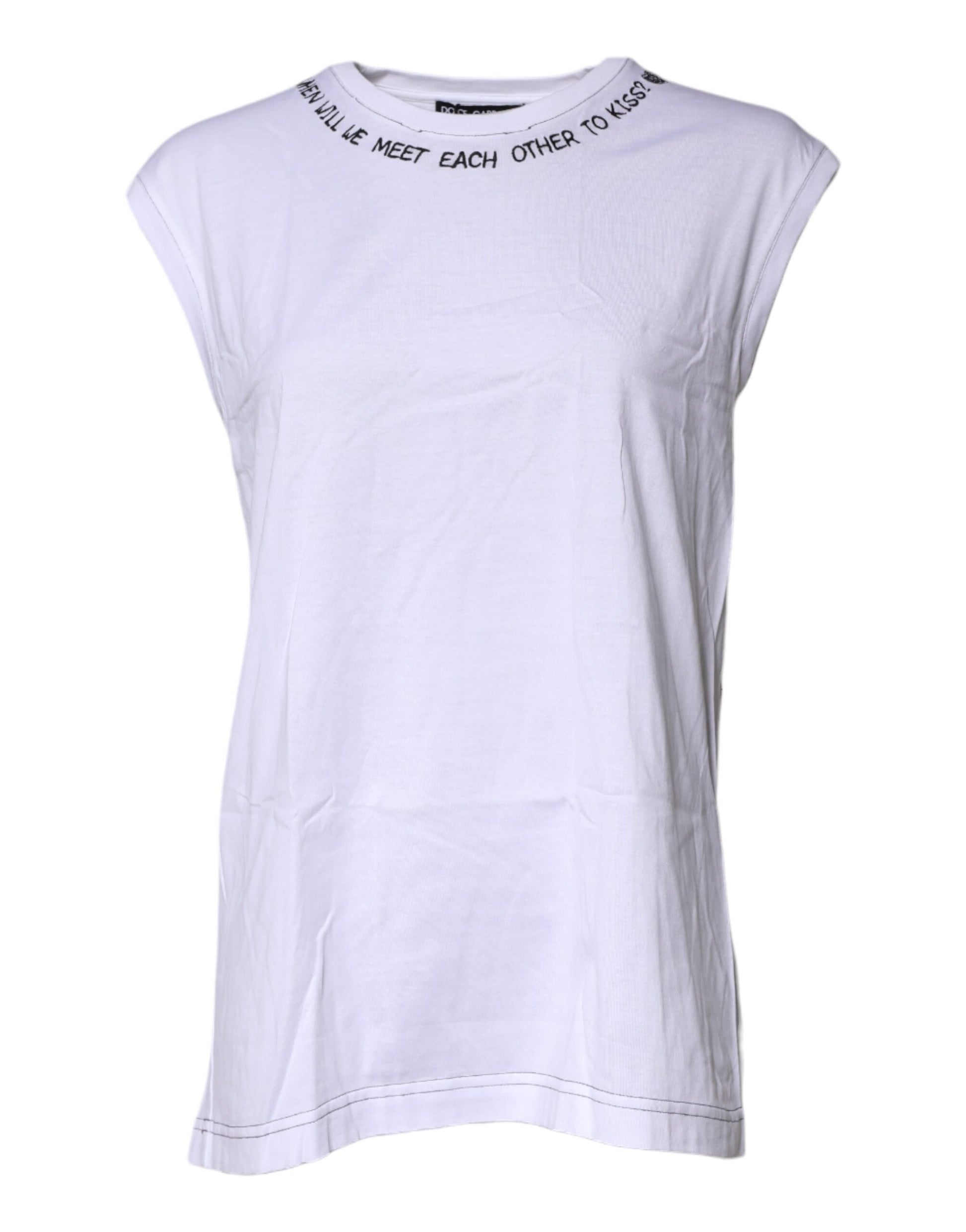 White short sleeve t-shirt with text on neckline