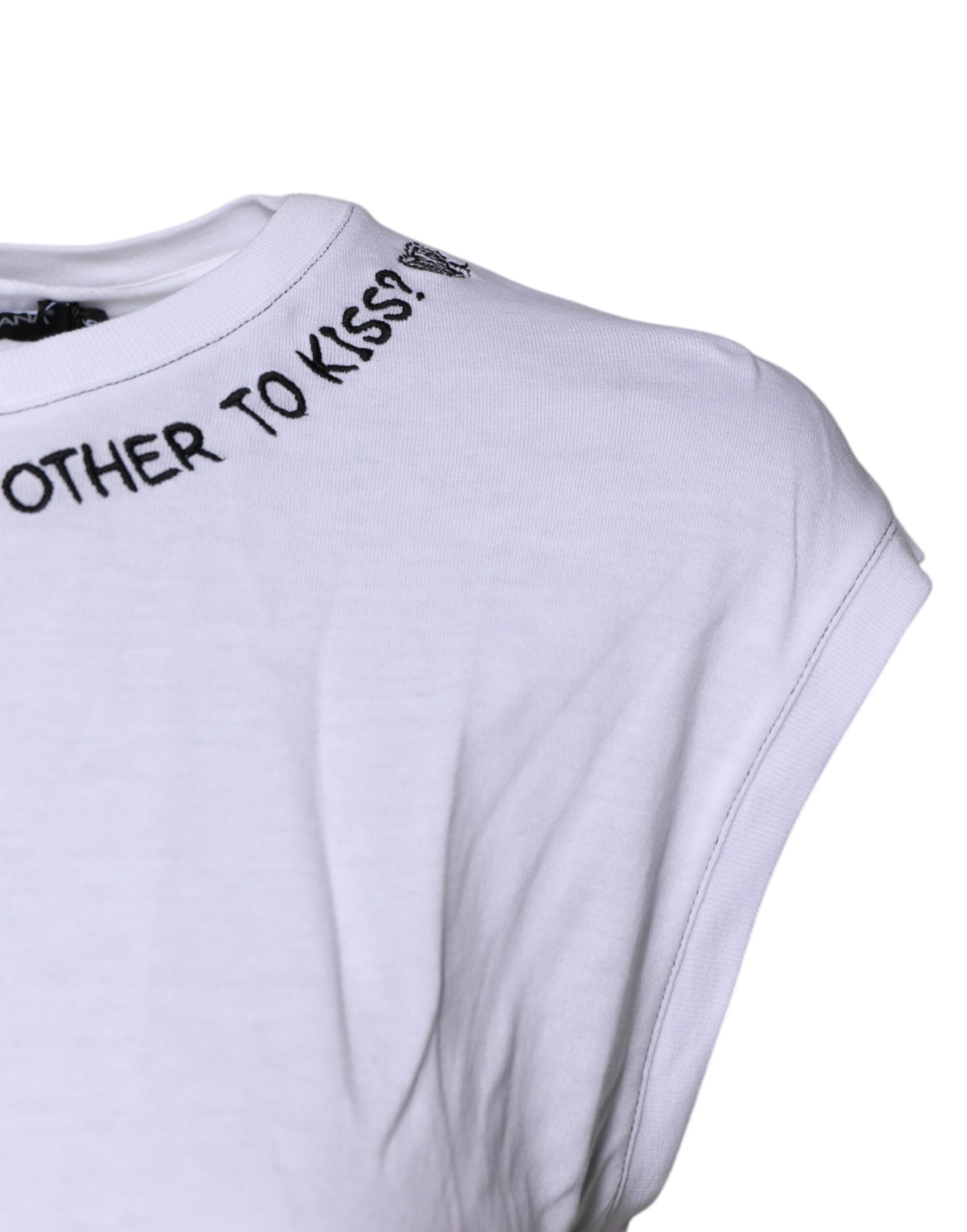 White t-shirt with black lettering on front