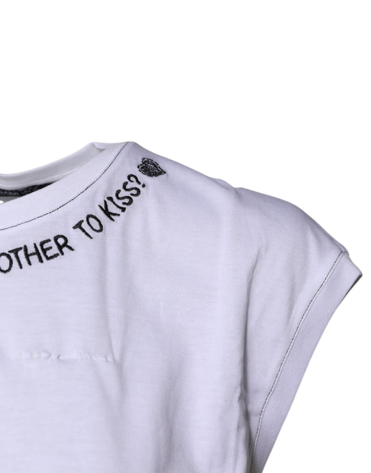 White t-shirt with black lettering