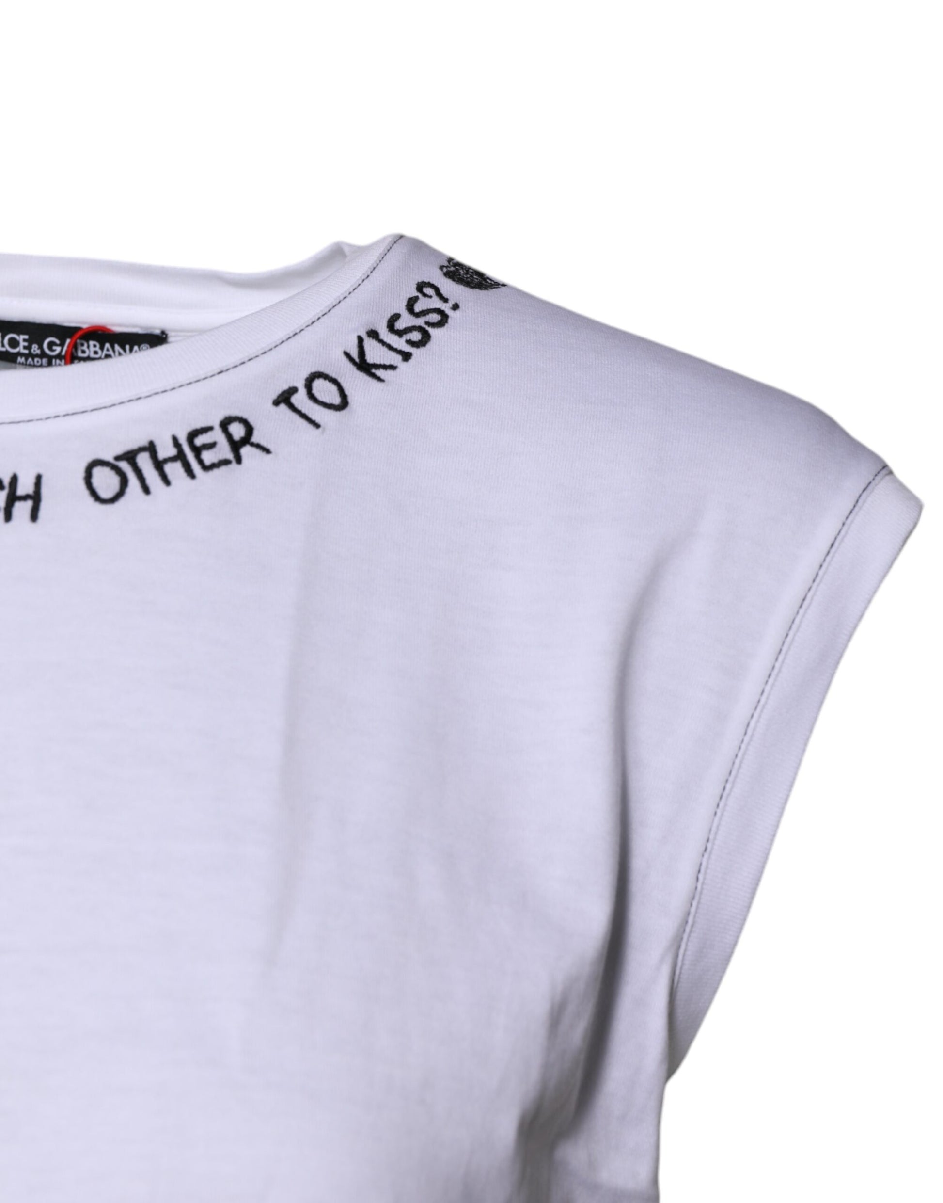 White t-shirt with black writing on front