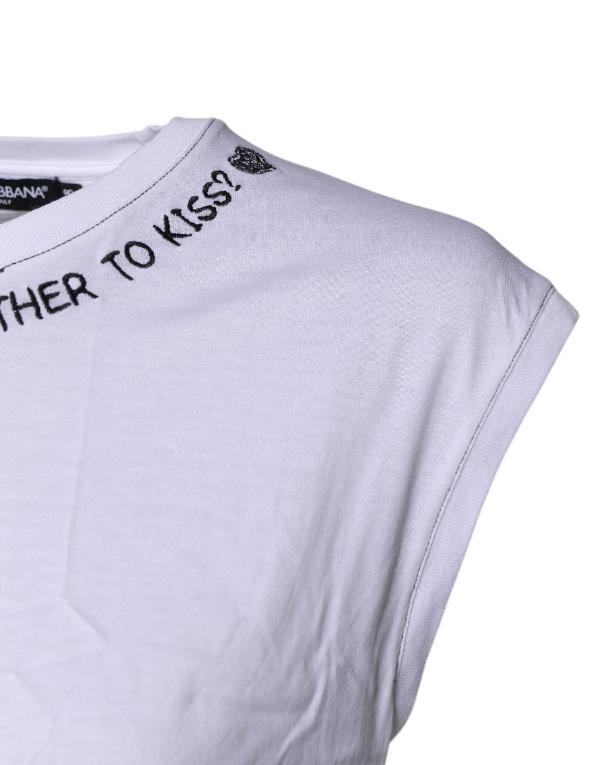 White t-shirt with black lettering