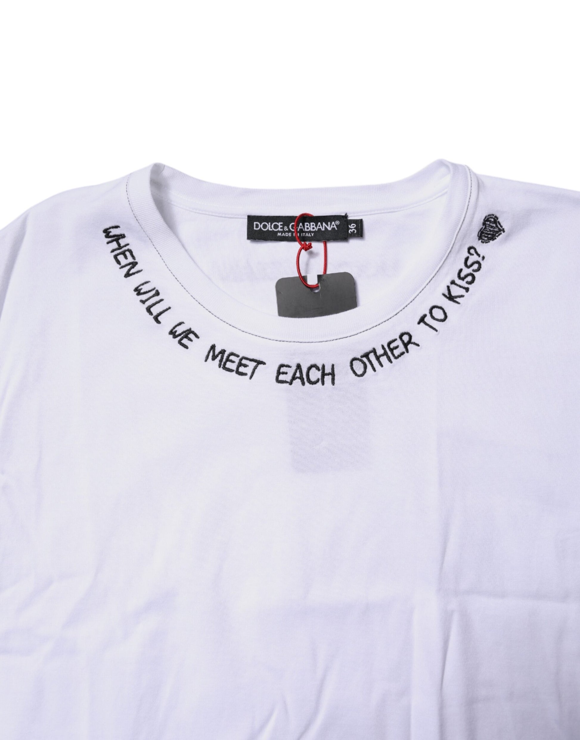 White t-shirt with black writing on neckline