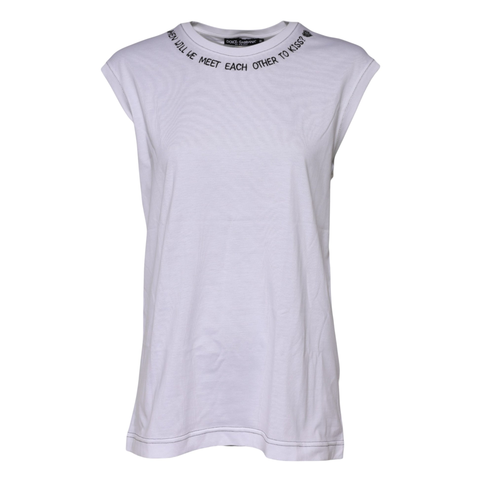 White short sleeve t-shirt with text on neckline