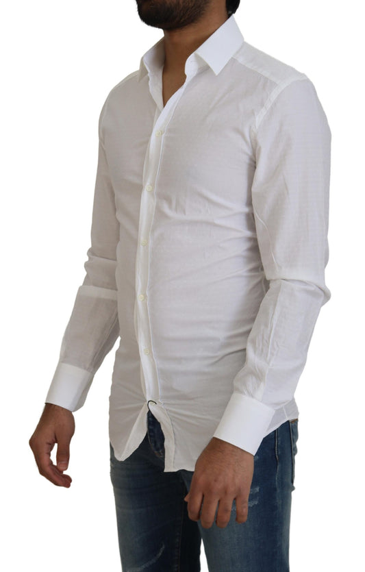 A mannequin wearing a white cotton slim fit formal dress shirt with gold accents