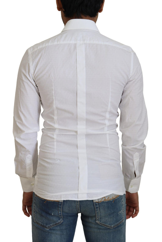 White cotton slim fit formal dress shirt with gold detailing