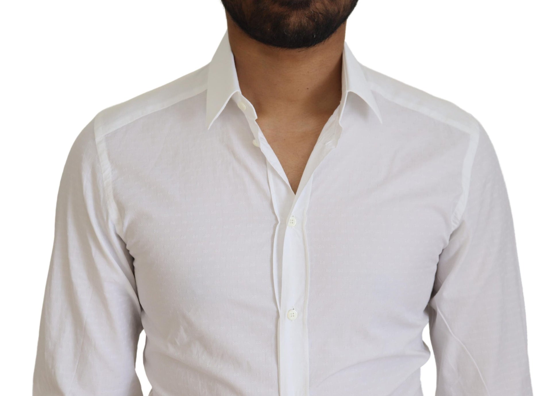 A white cotton slim fit formal dress shirt with a gold collar
