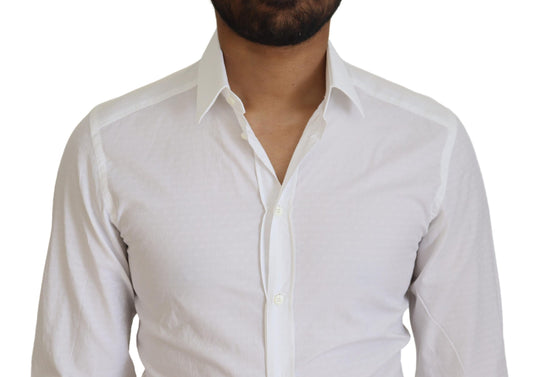 A white cotton slim fit formal dress shirt with a gold collar