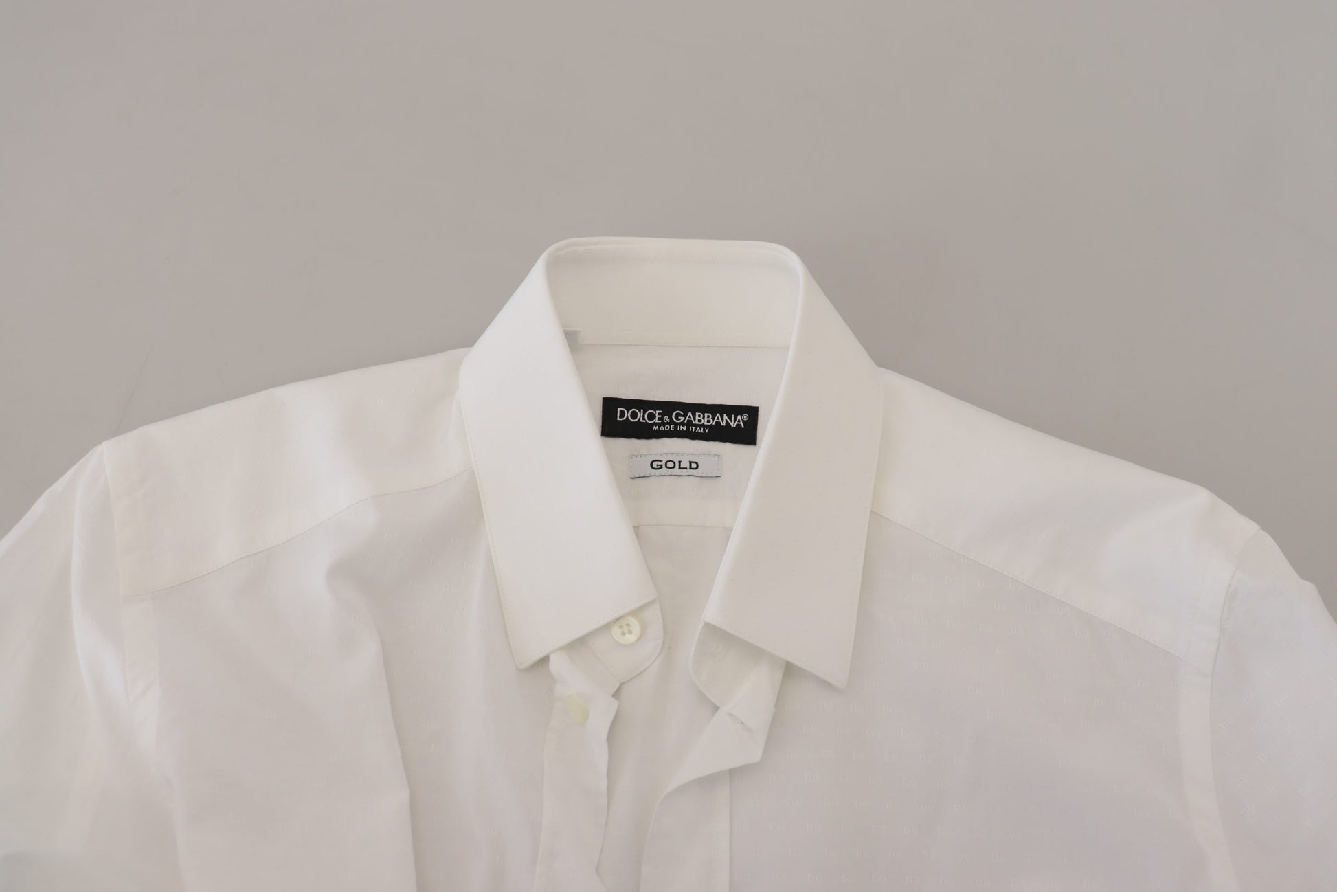 White cotton slim fit formal dress shirt with gold detailing