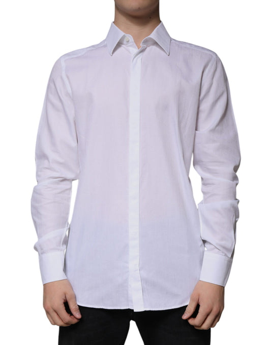 A long-sleeved, white cotton dress shirt with a slim fit