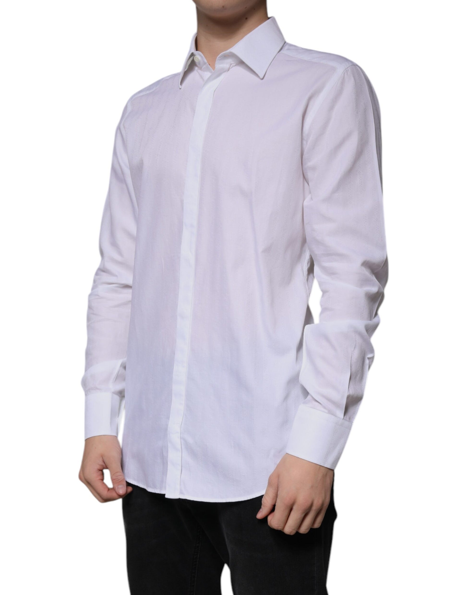A white cotton dress shirt with long sleeves and a slim fit