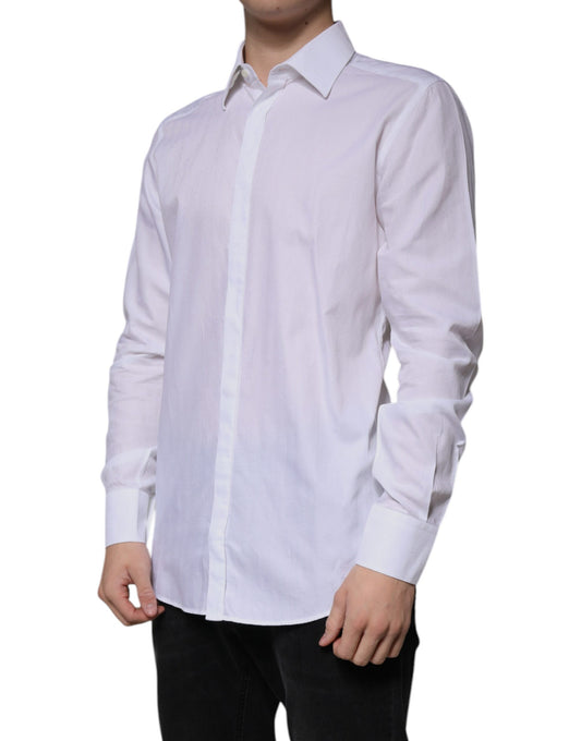A white cotton dress shirt with long sleeves and a slim fit