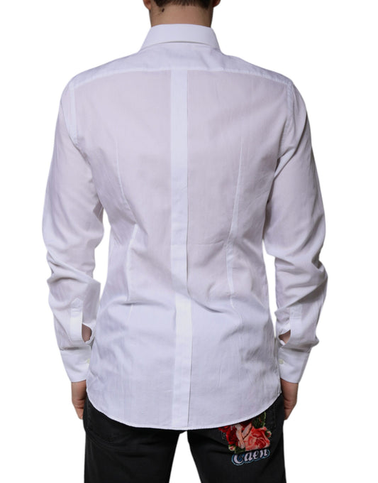 A white cotton slim fit formal shirt with a gold design on the back