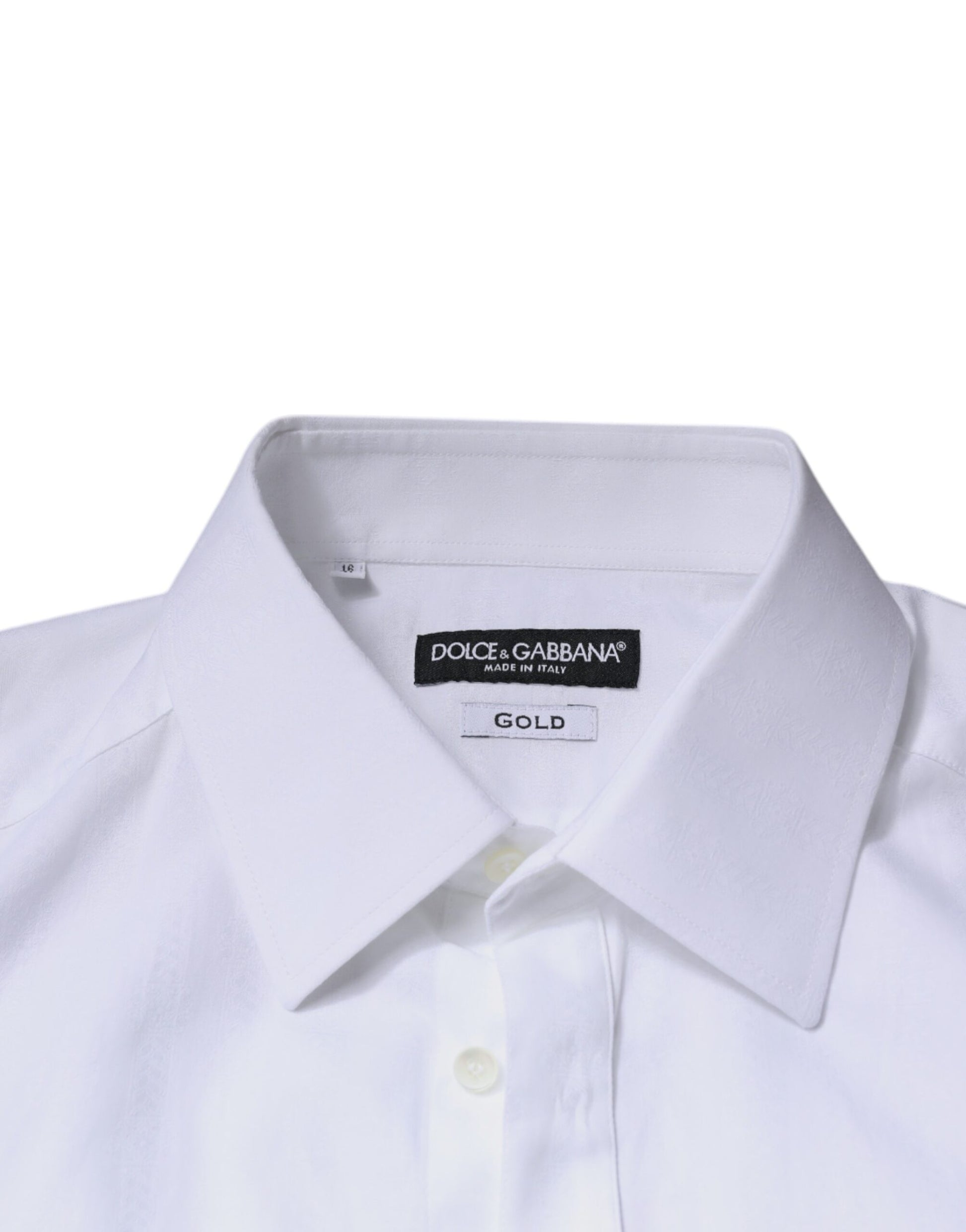 A white cotton dress shirt with a slim fit, featuring a gold label
