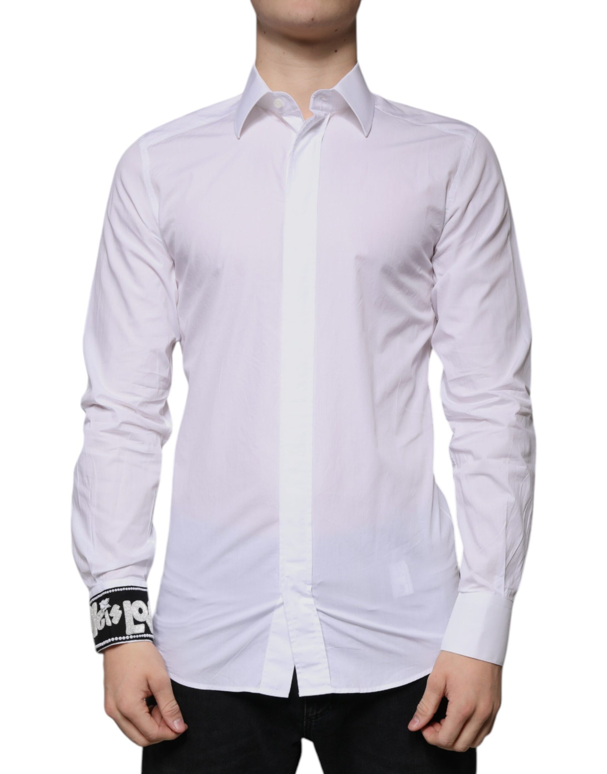 A white cotton dress shirt with a slim fit, featuring a gold design