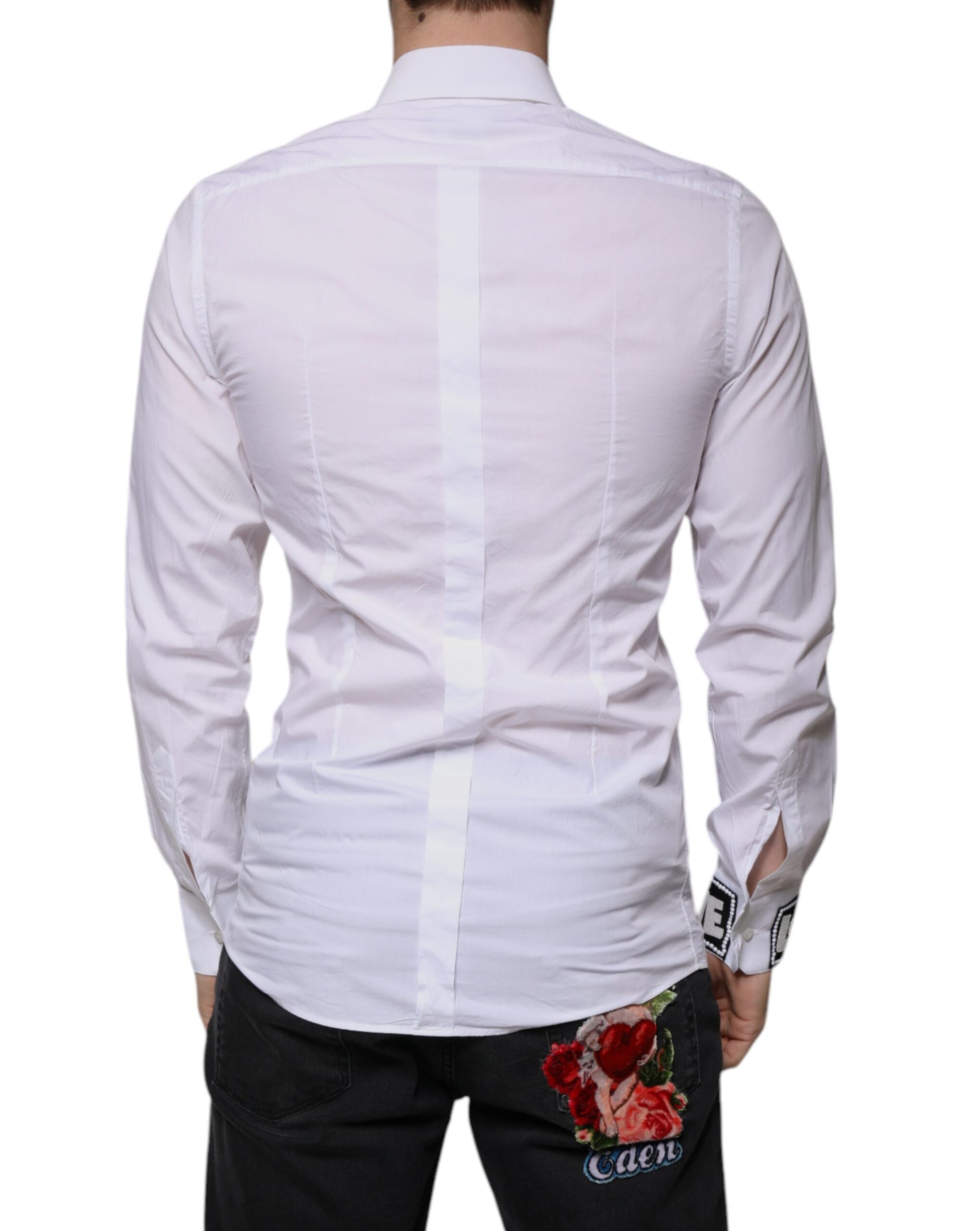 A white cotton dress shirt with slim fit, featuring a gold design on the back
