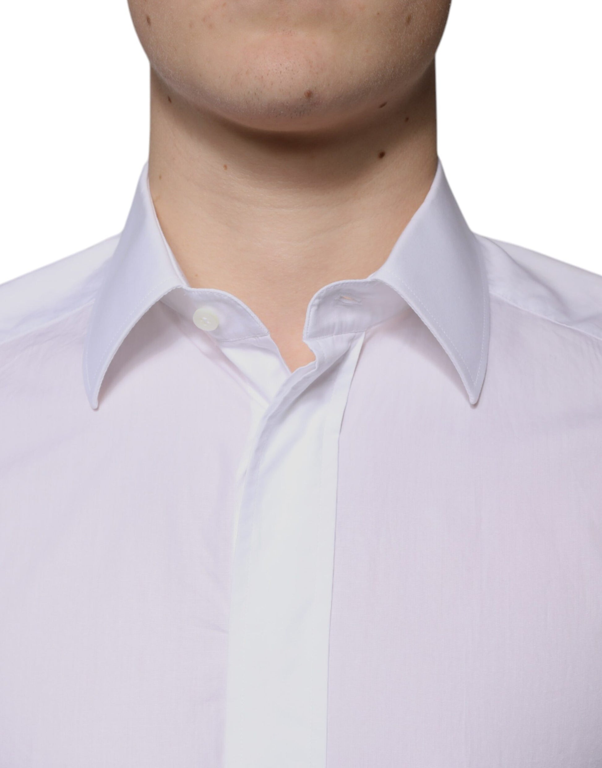A mannequin wearing a white cotton slim fit dress shirt with a gold collar