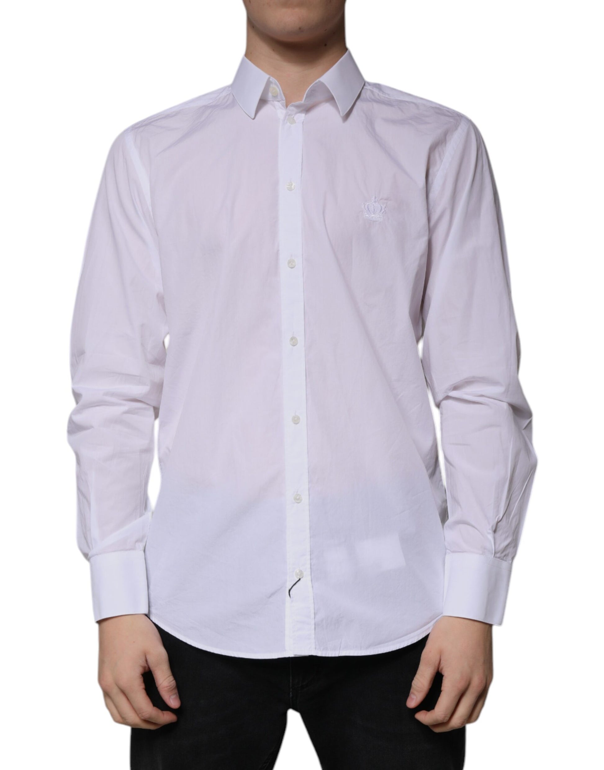 A mannequin wearing a white cotton slim fit shirt with long sleeves and a collar