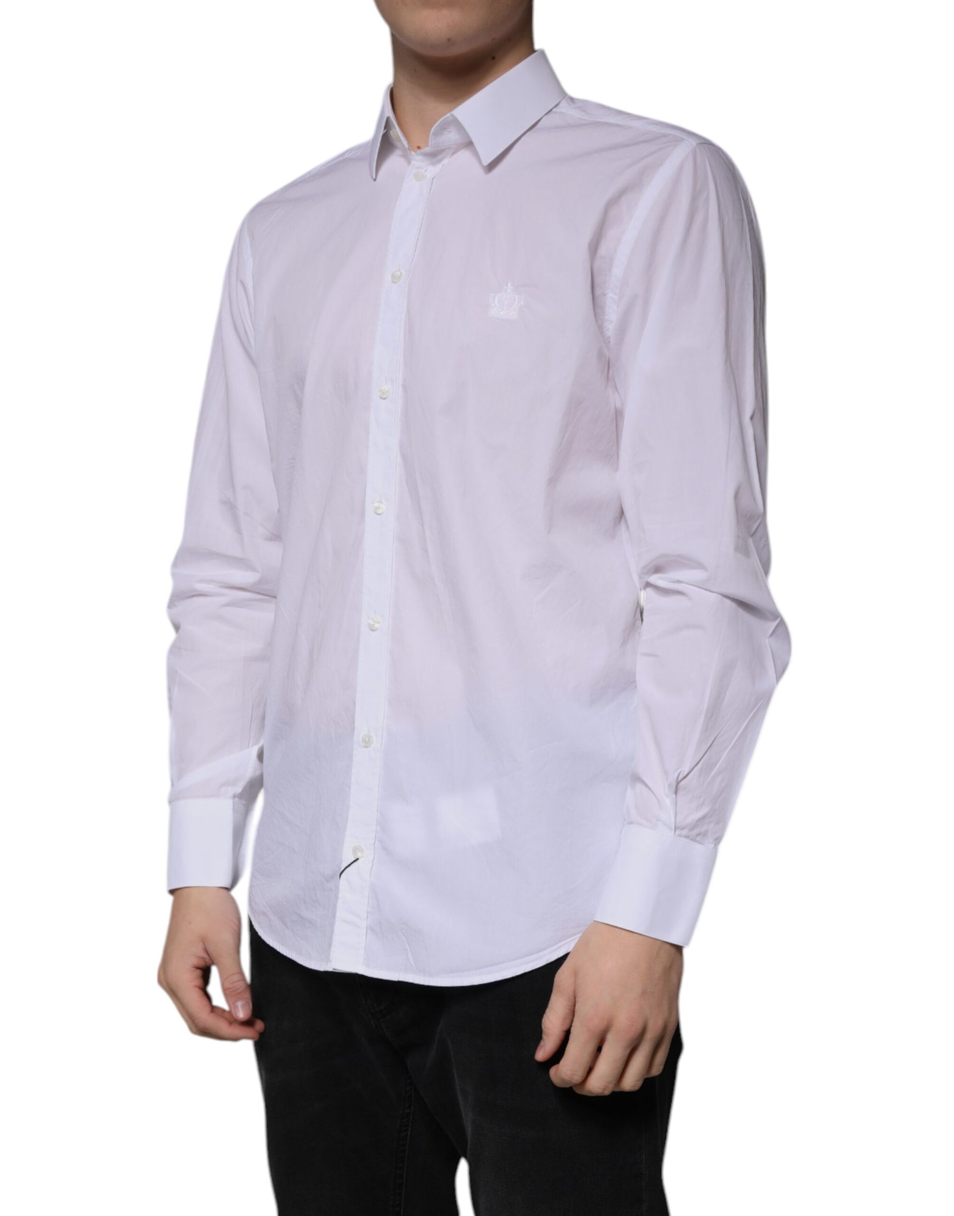 A white cotton dress shirt with long sleeves and a slim fit