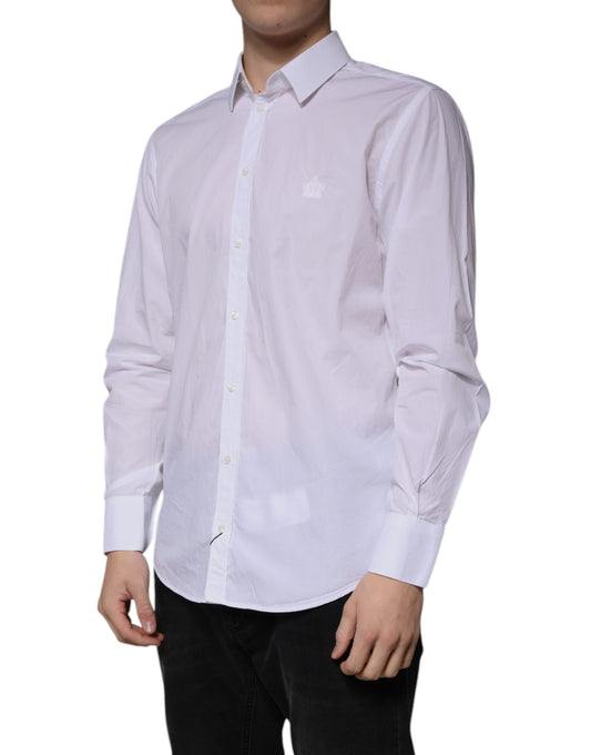A white cotton dress shirt with long sleeves and a slim fit