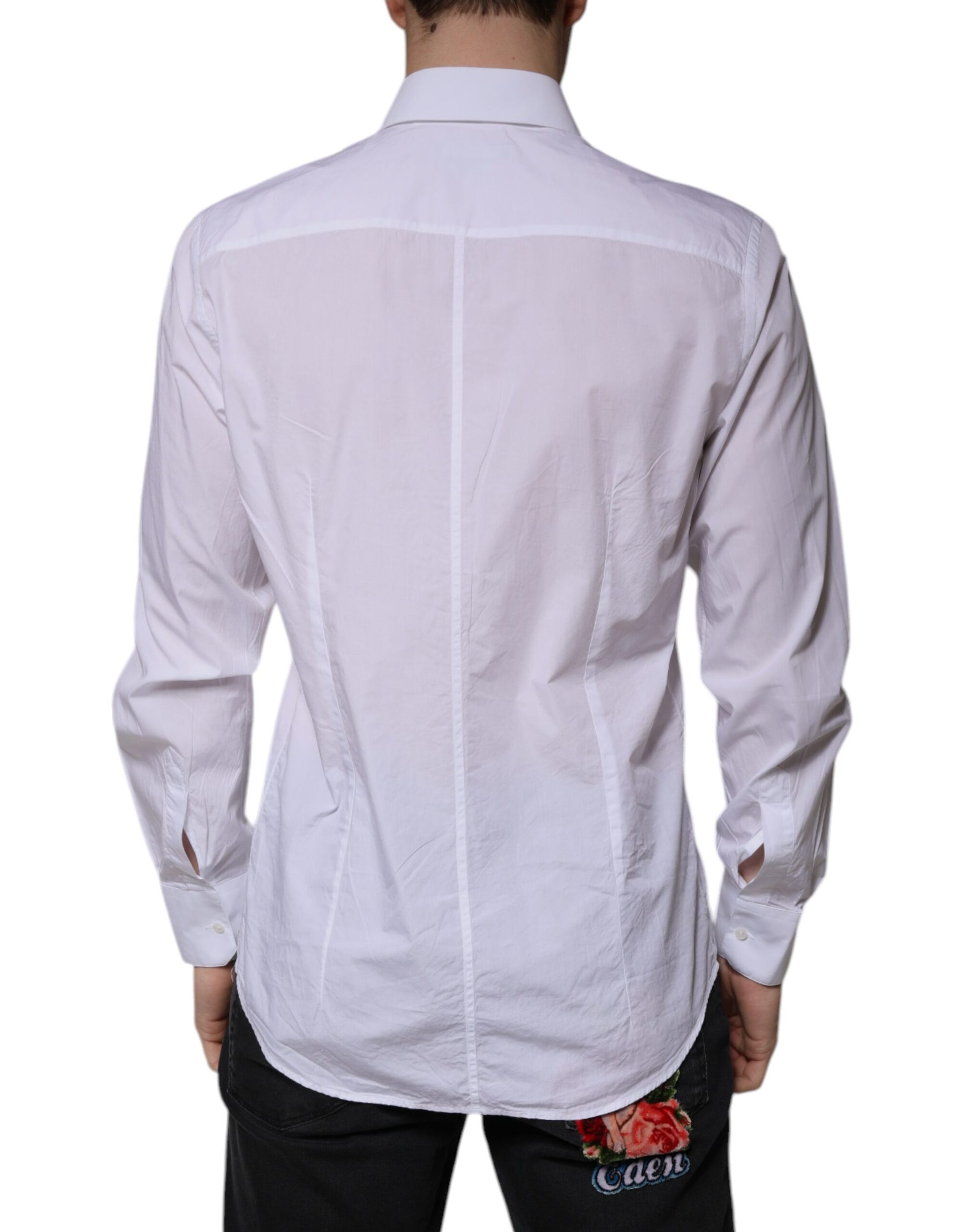 A white cotton slim fit dress shirt with a collar and long sleeves