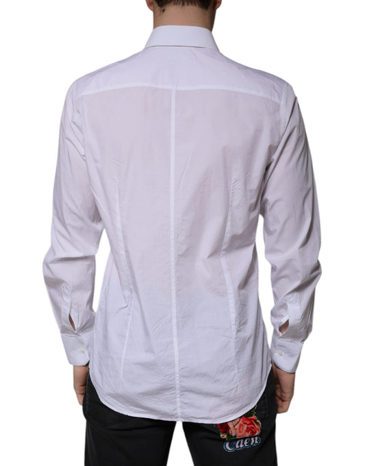 A white cotton slim fit dress shirt with a collar and long sleeves