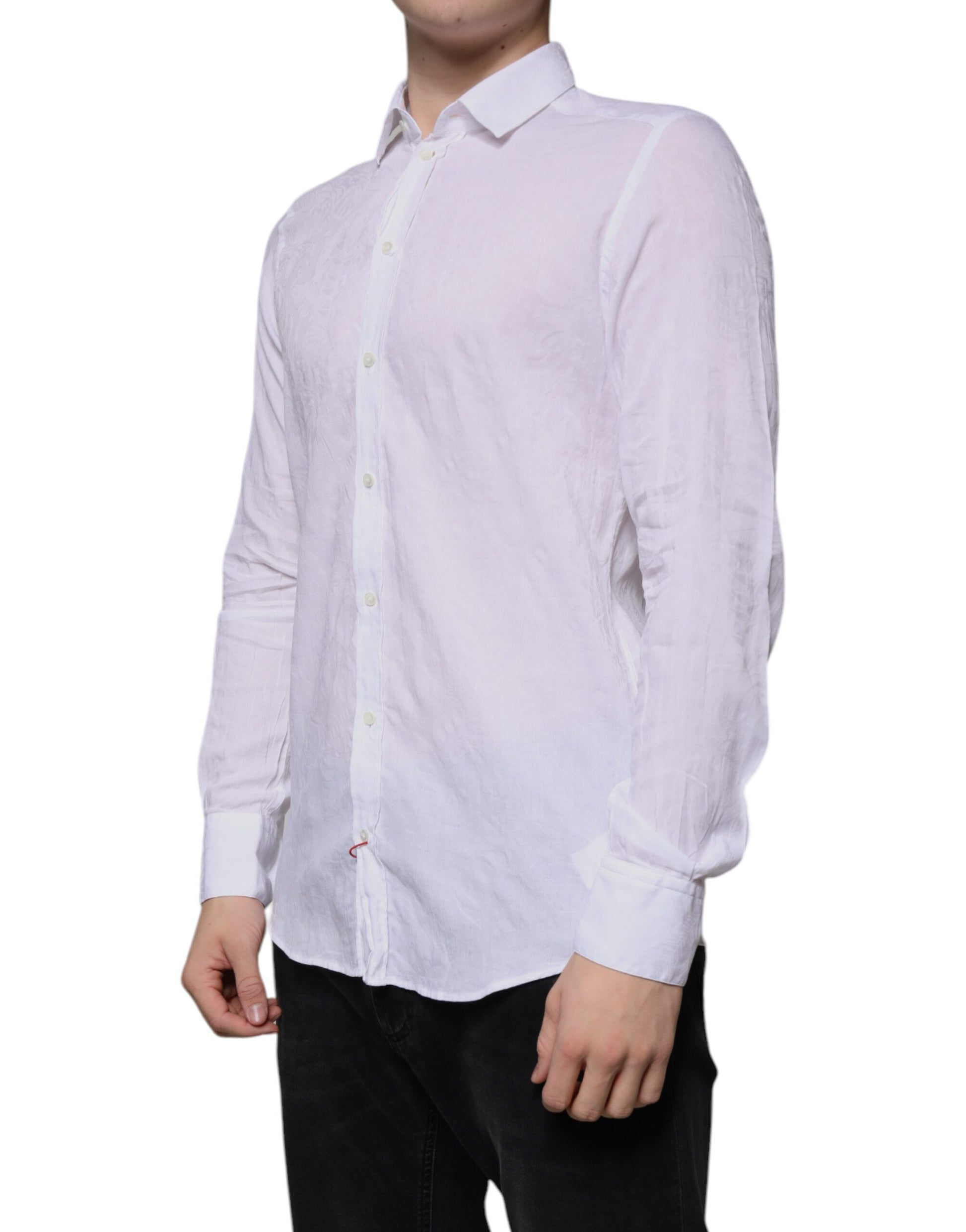A mannequin wearing a white cotton slim fit men's formal dress shirt