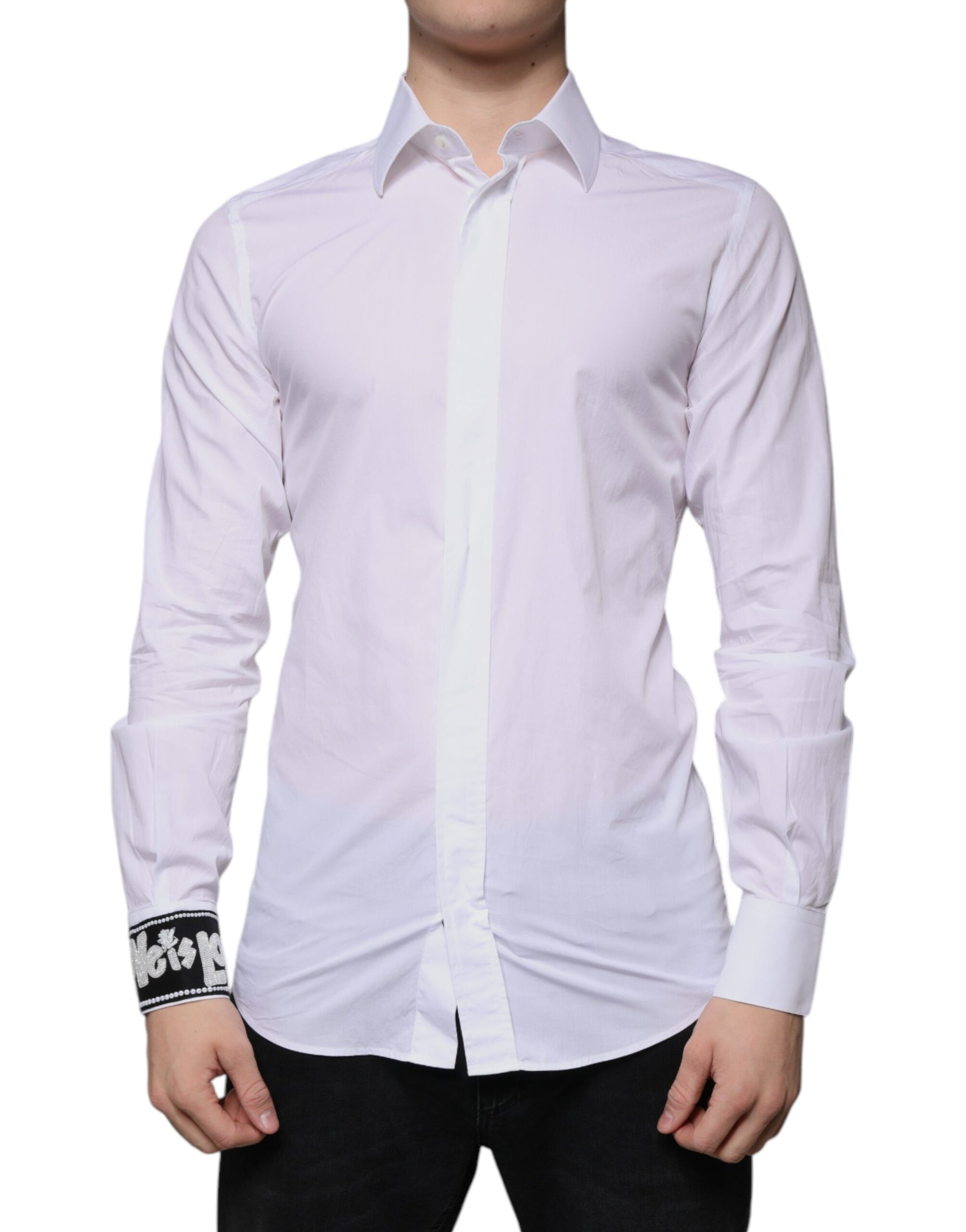 A white cotton dress shirt with a slim fit, featuring a collar and long sleeves