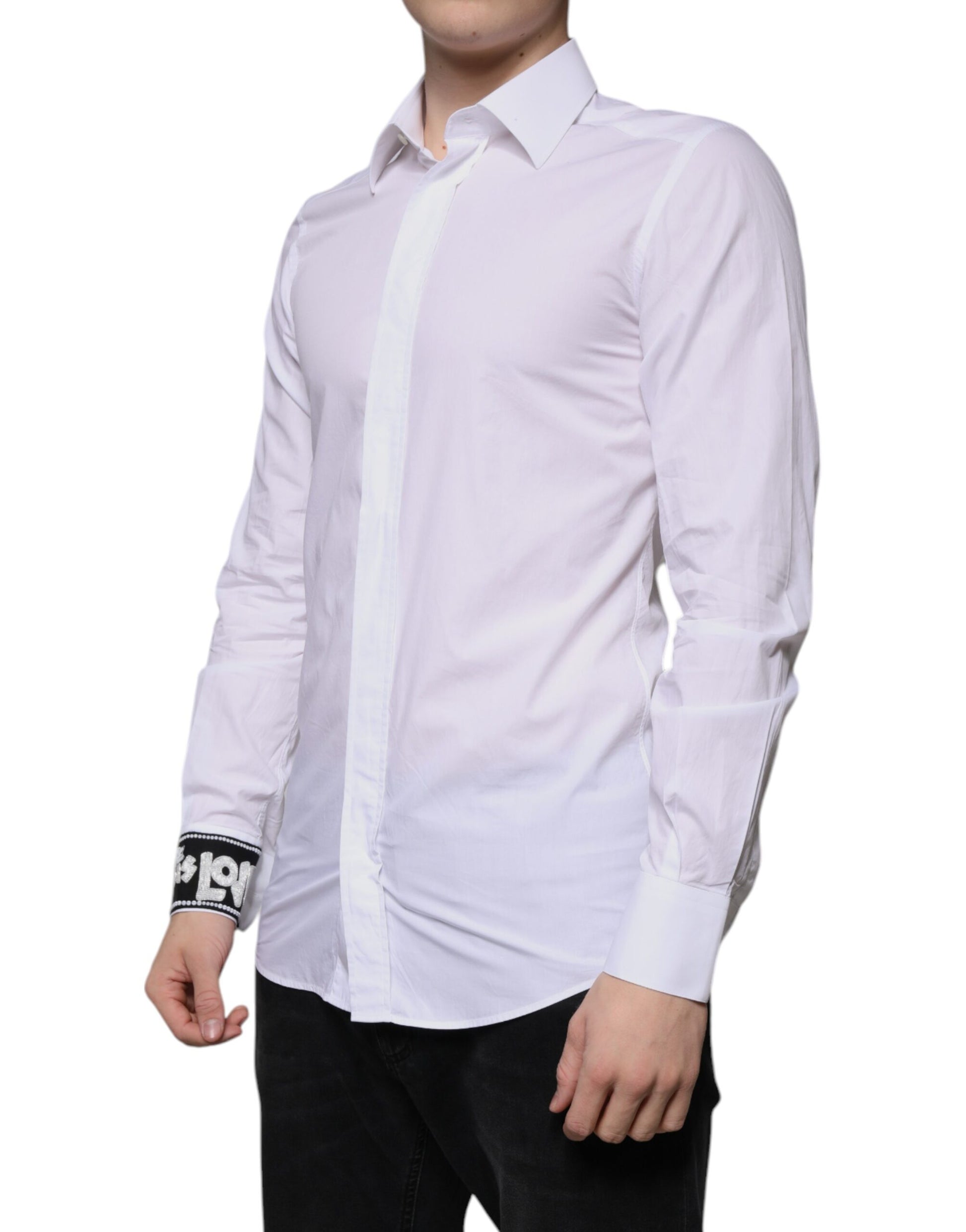 A white cotton slim fit men's dress shirt with a gold design