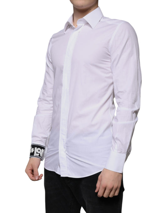 A white cotton slim fit men's dress shirt with a gold design