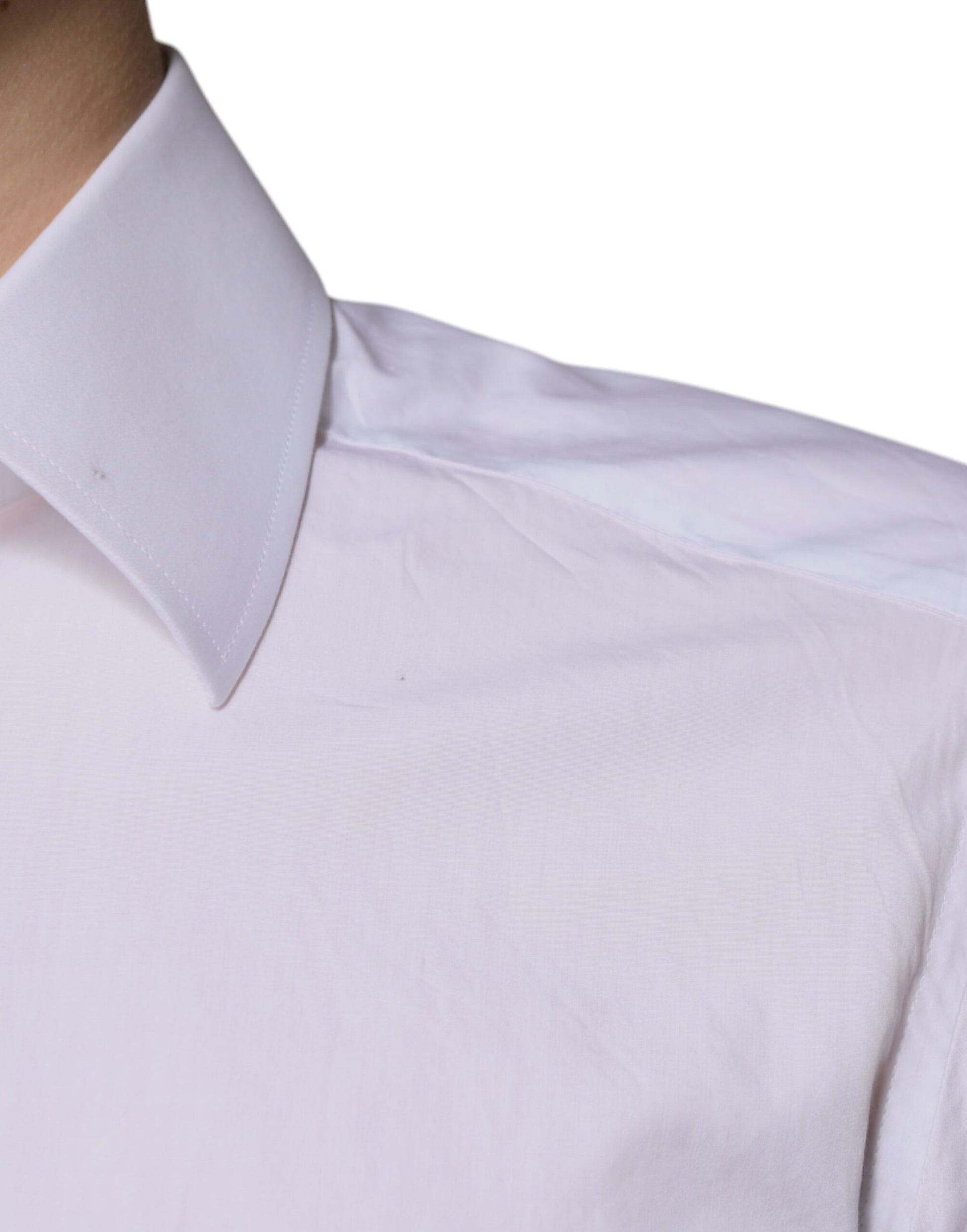 A white cotton dress shirt with a slim fit, featuring a collar and short sleeves