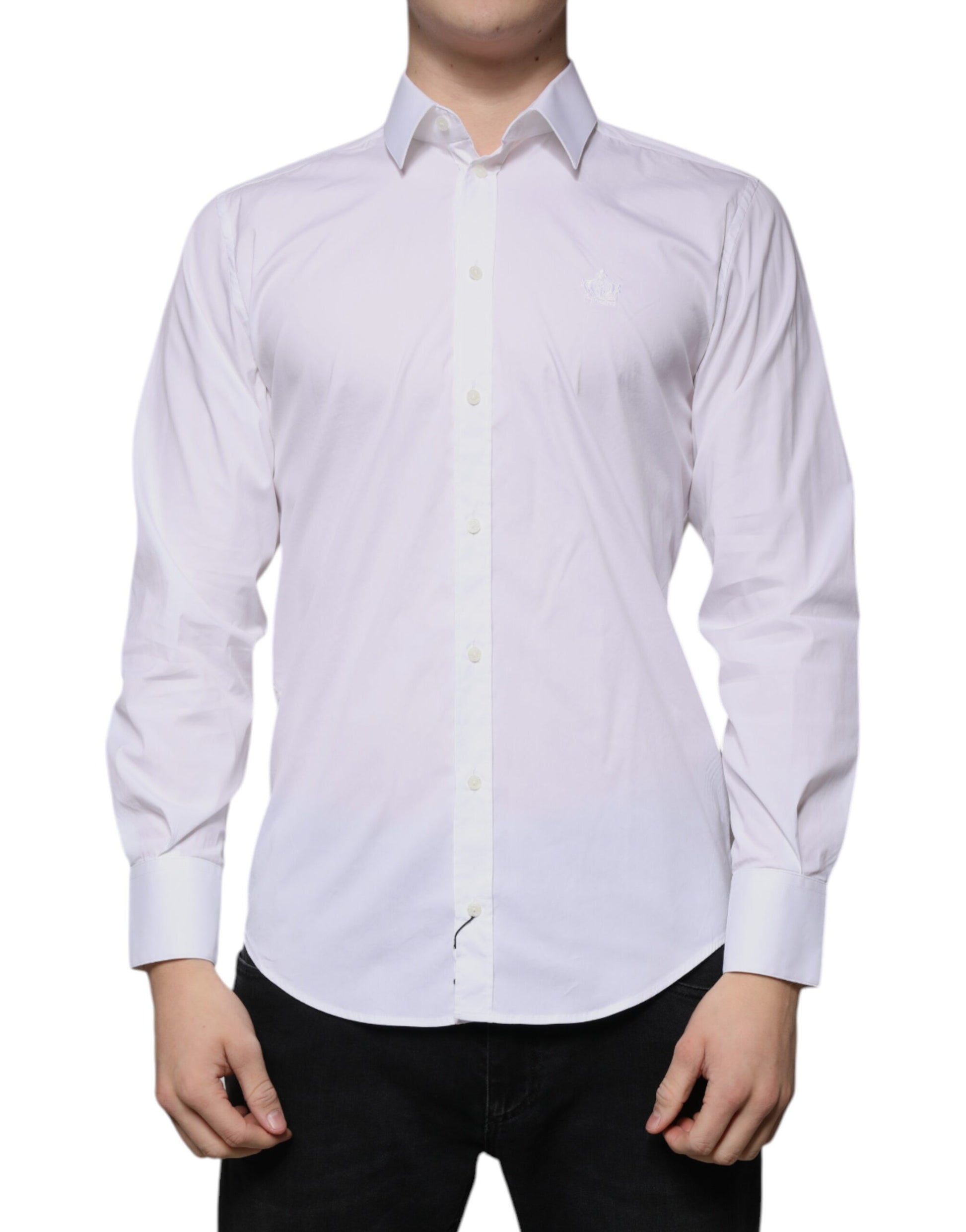A mannequin wearing a white cotton slim fit men's dress shirt