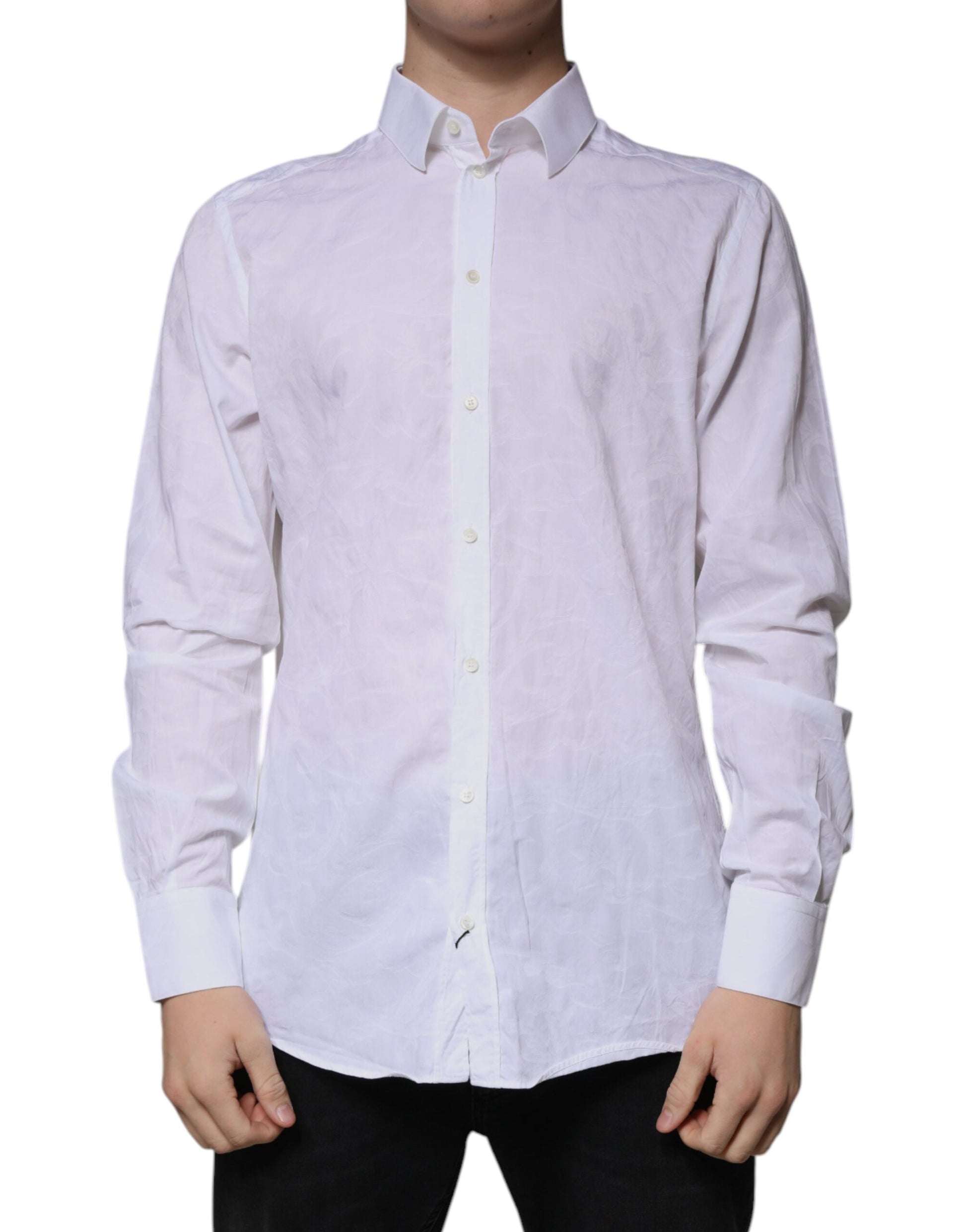 A white cotton dress shirt with long sleeves and a collar