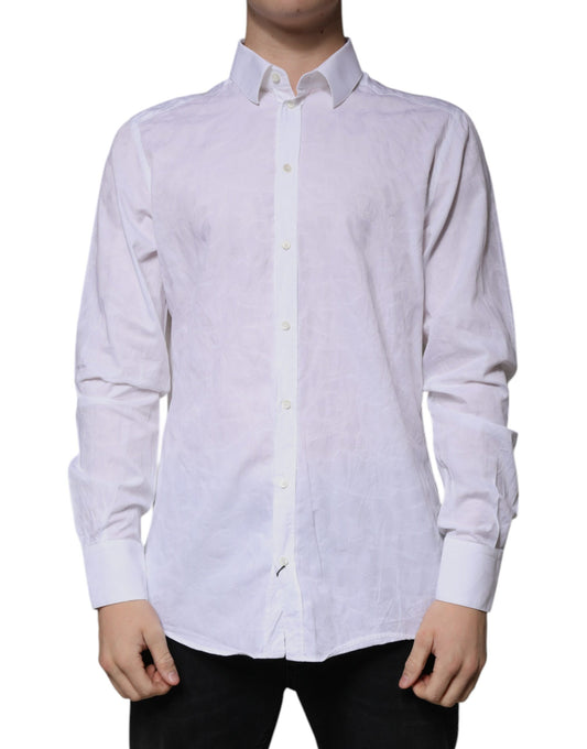 A white cotton dress shirt with long sleeves and a collar