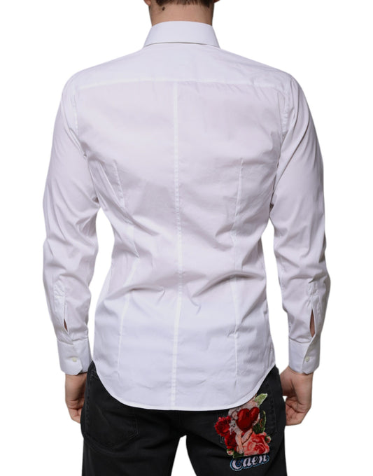 A white cotton slim fit men's dress shirt with a floral print on the back